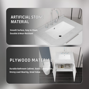 English Elm 24 Inch Floating Bathroom Vanity Undermount Sink Carrara Marble Soft Close Plywood B2775S00092