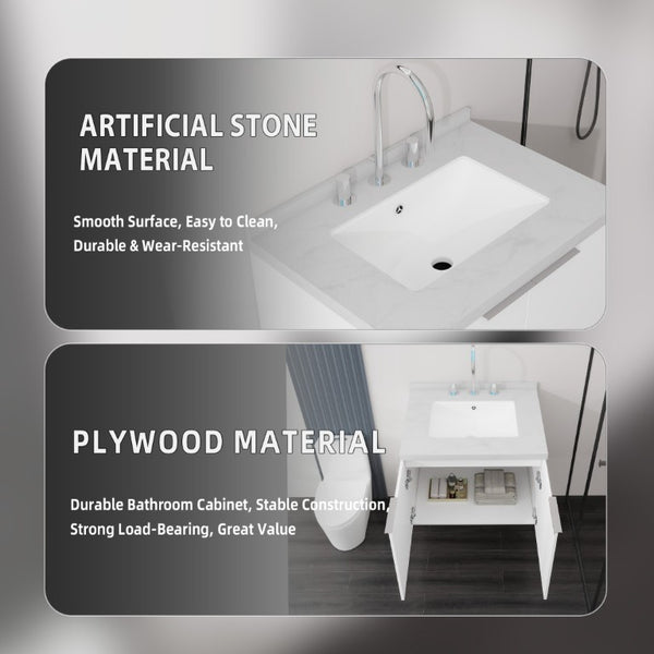 English Elm 24 Inch Floating Bathroom Vanity Undermount Sink Carrara Marble Soft Close Plywood B2775S00092