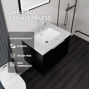 English Elm 24 Inch Floating Bathroom Vanity Undermount Sink Carrara Marble Soft Close Matte Black B2775S00093