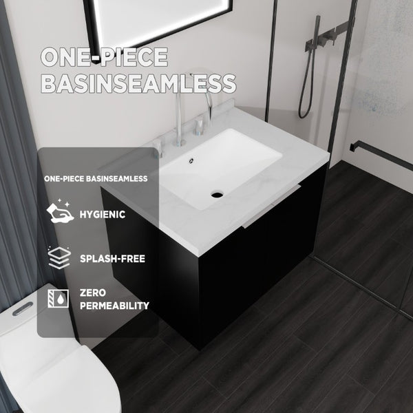 English Elm 24 Inch Floating Bathroom Vanity Undermount Sink Carrara Marble Soft Close Matte Black B2775S00093