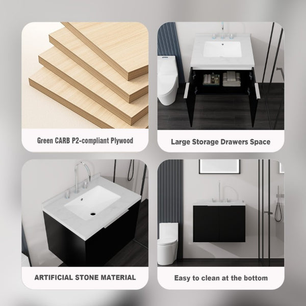 English Elm 24 Inch Floating Bathroom Vanity Undermount Sink Carrara Marble Soft Close Matte Black B2775S00093