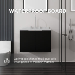 English Elm 24 Inch Floating Bathroom Vanity Undermount Sink Carrara Marble Soft Close Matte Black B2775S00093