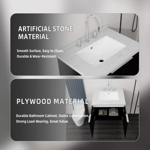 English Elm 24 Inch Floating Bathroom Vanity Undermount Sink Carrara Marble Soft Close Matte Black B2775S00093