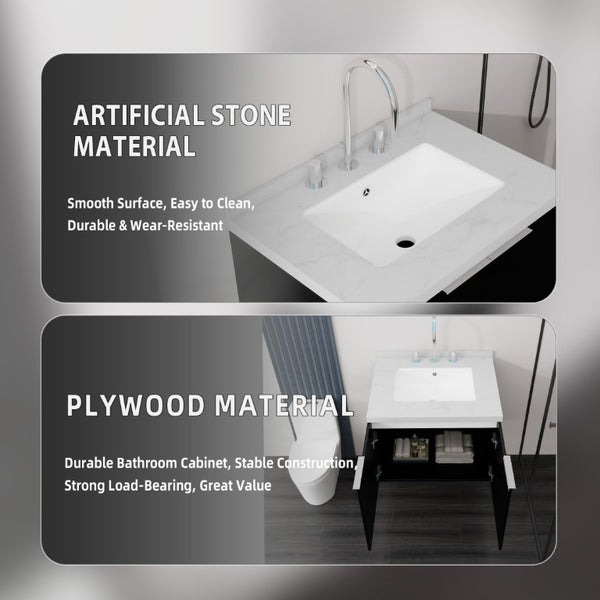 English Elm 24 Inch Floating Bathroom Vanity Undermount Sink Carrara Marble Soft Close Matte Black B2775S00093