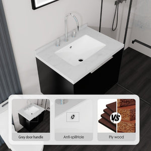 English Elm 24 Inch Floating Bathroom Vanity Undermount Sink Carrara Marble Soft Close Matte Black B2775S00093
