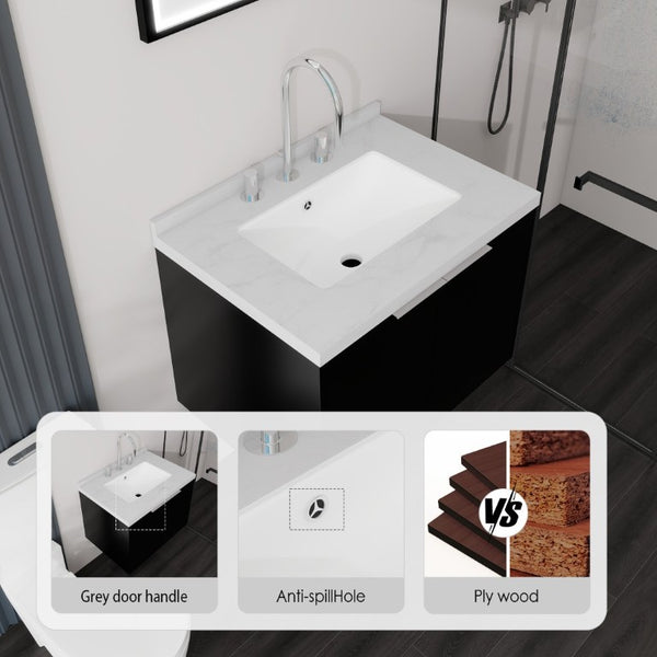 English Elm 24 Inch Floating Bathroom Vanity Undermount Sink Carrara Marble Soft Close Matte Black B2775S00093