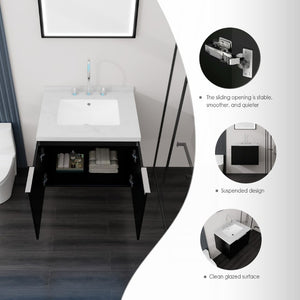 English Elm 24 Inch Floating Bathroom Vanity Undermount Sink Carrara Marble Soft Close Matte Black B2775S00093