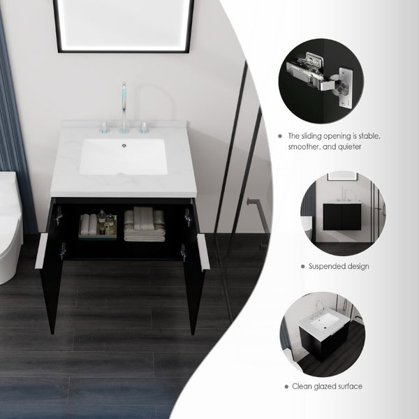 English Elm 24 Inch Floating Bathroom Vanity Undermount Sink Carrara Marble Soft Close Matte Black B2775S00093