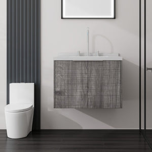 English Elm 24 Inch Wall Mounted Bathroom Vanity Plywood Cabinet Carrara Marble Top Grey Finish B2775S00094