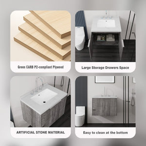 English Elm 24 Inch Wall Mounted Bathroom Vanity Plywood Cabinet Carrara Marble Top Grey Finish B2775S00094