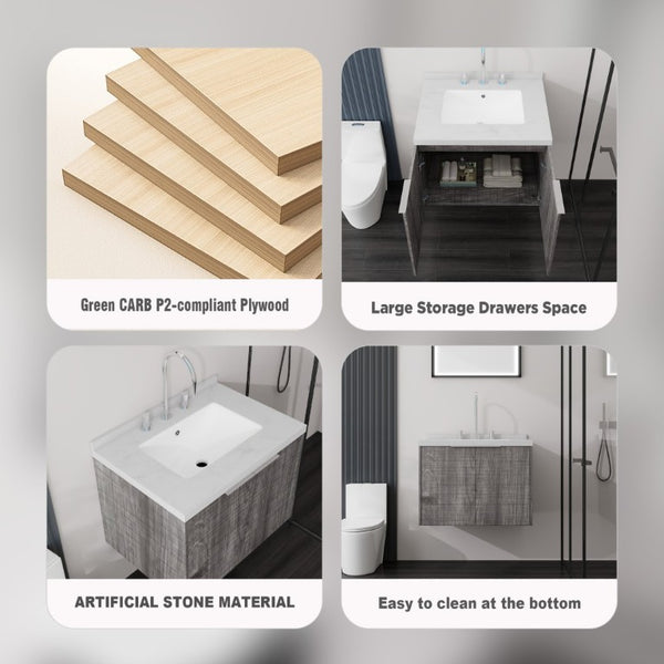 English Elm 24 Inch Wall Mounted Bathroom Vanity Plywood Cabinet Carrara Marble Top Grey Finish B2775S00094