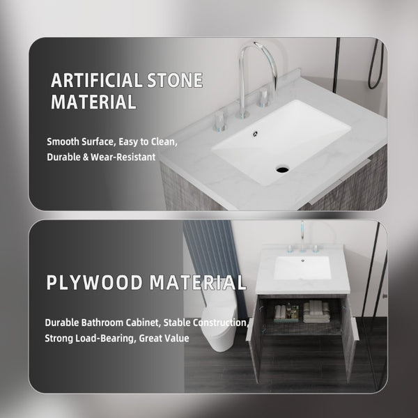 English Elm 24 Inch Wall Mounted Bathroom Vanity Plywood Cabinet Carrara Marble Top Grey Finish B2775S00094