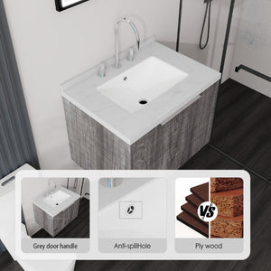 English Elm 24 Inch Wall Mounted Bathroom Vanity Plywood Cabinet Carrara Marble Top Grey Finish B2775S00094