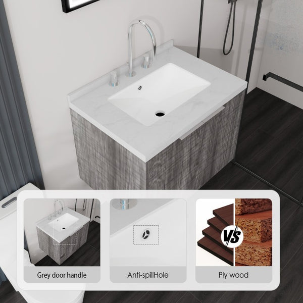 English Elm 24 Inch Wall Mounted Bathroom Vanity Plywood Cabinet Carrara Marble Top Grey Finish B2775S00094