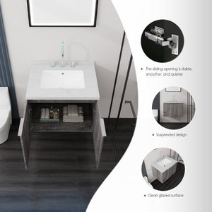 English Elm 24 Inch Wall Mounted Bathroom Vanity Plywood Cabinet Carrara Marble Top Grey Finish B2775S00094