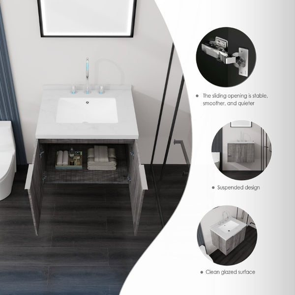 English Elm 24 Inch Wall Mounted Bathroom Vanity Plywood Cabinet Carrara Marble Top Grey Finish B2775S00094