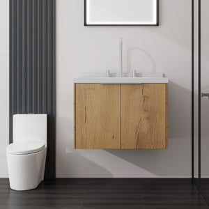 English Elm 24 Inch Floating Bathroom Vanity with Cultured Marble Top Soft Close Door Oak Finish B2775S00095