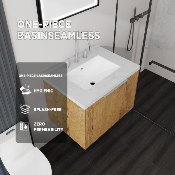 English Elm 24 Inch Floating Bathroom Vanity with Cultured Marble Top Soft Close Door Oak Finish B2775S00095