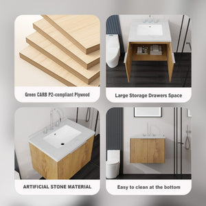 English Elm 24 Inch Floating Bathroom Vanity with Cultured Marble Top Soft Close Door Oak Finish B2775S00095