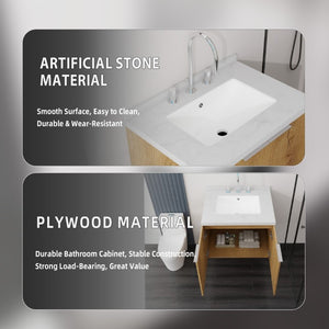 English Elm 24 Inch Floating Bathroom Vanity with Cultured Marble Top Soft Close Door Oak Finish B2775S00095