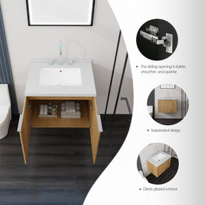 English Elm 24 Inch Floating Bathroom Vanity with Cultured Marble Top Soft Close Door Oak Finish B2775S00095