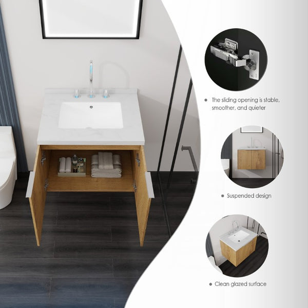 English Elm 24 Inch Floating Bathroom Vanity with Cultured Marble Top Soft Close Door Oak Finish B2775S00095
