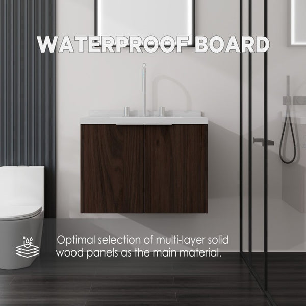 English Elm 24 Inch Wall Mounted Bathroom Vanity with Carrara Marble Sink Soft Close Cabinet B2775S00096