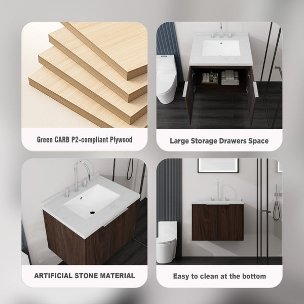 English Elm 24 Inch Wall Mounted Bathroom Vanity with Carrara Marble Sink Soft Close Cabinet B2775S00096