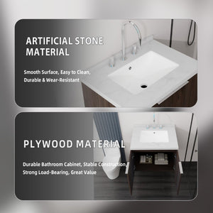 English Elm 24 Inch Wall Mounted Bathroom Vanity with Carrara Marble Sink Soft Close Cabinet B2775S00096