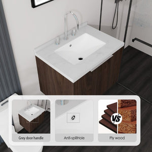 English Elm 24 Inch Wall Mounted Bathroom Vanity with Carrara Marble Sink Soft Close Cabinet B2775S00096