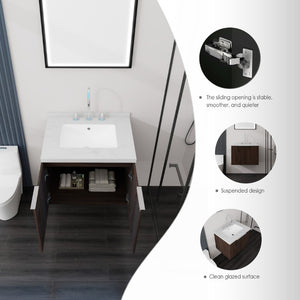 English Elm 24 Inch Wall Mounted Bathroom Vanity with Carrara Marble Sink Soft Close Cabinet B2775S00096