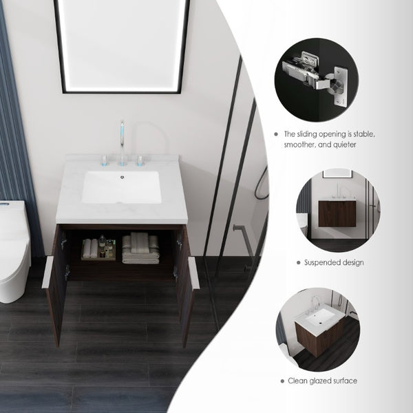 English Elm 24 Inch Wall Mounted Bathroom Vanity with Carrara Marble Sink Soft Close Cabinet B2775S00096