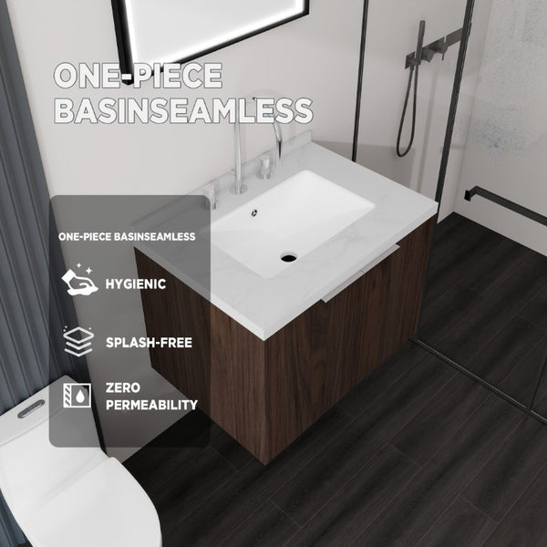 English Elm 24 Inch Wall Mounted Bathroom Vanity with Carrara Marble Sink Soft Close Cabinet B2775S00096