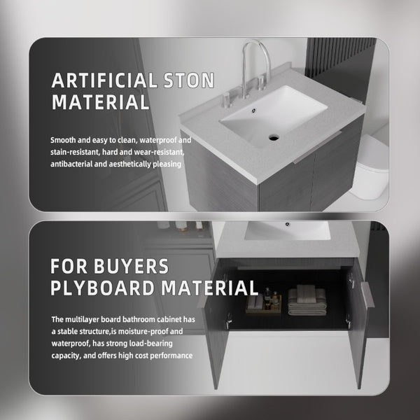 English Elm 24 Inch Floating Bathroom Vanity with Undermount Sink and Cultured Marble Top in Grey B2775S00097