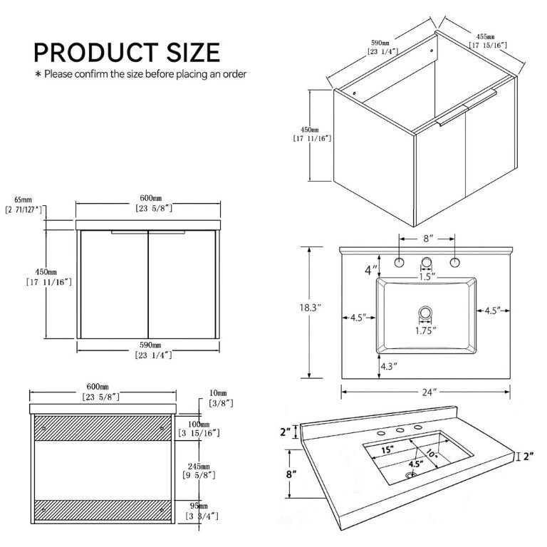 English Elm 24 Inch Floating Bathroom Vanity with Cultured Marble Top Undermount Sink Oak Cabinet B2775S00098