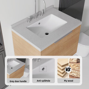 English Elm 24 Inch Floating Bathroom Vanity with Cultured Marble Top Undermount Sink Oak Cabinet B2775S00098