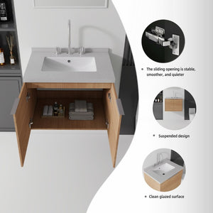 English Elm 24 Inch Floating Bathroom Vanity with Cultured Marble Top Undermount Sink Oak Cabinet B2775S00098