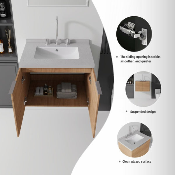 English Elm 24 Inch Floating Bathroom Vanity with Cultured Marble Top Undermount Sink Oak Cabinet B2775S00098
