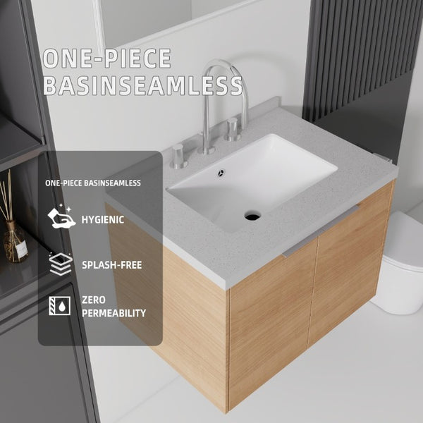 English Elm 24 Inch Floating Bathroom Vanity with Cultured Marble Top Undermount Sink Oak Cabinet B2775S00098