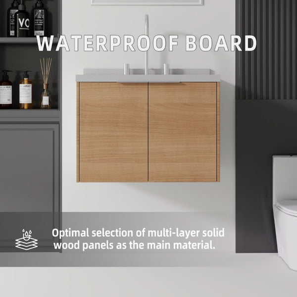 English Elm 24 Inch Floating Bathroom Vanity with Cultured Marble Top Undermount Sink Oak Cabinet B2775S00098
