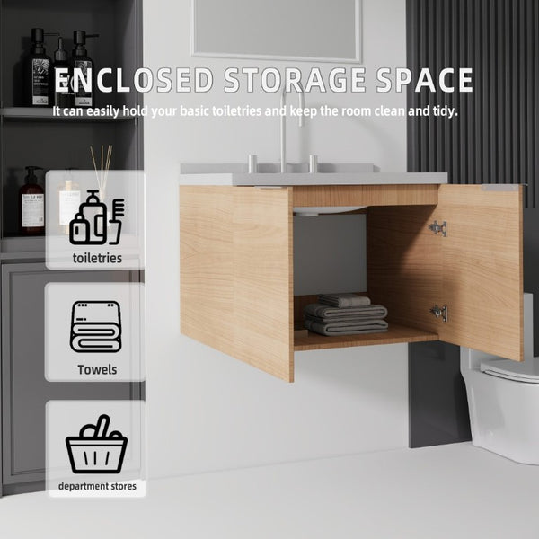 English Elm 24 Inch Floating Bathroom Vanity with Cultured Marble Top Undermount Sink Oak Cabinet B2775S00098