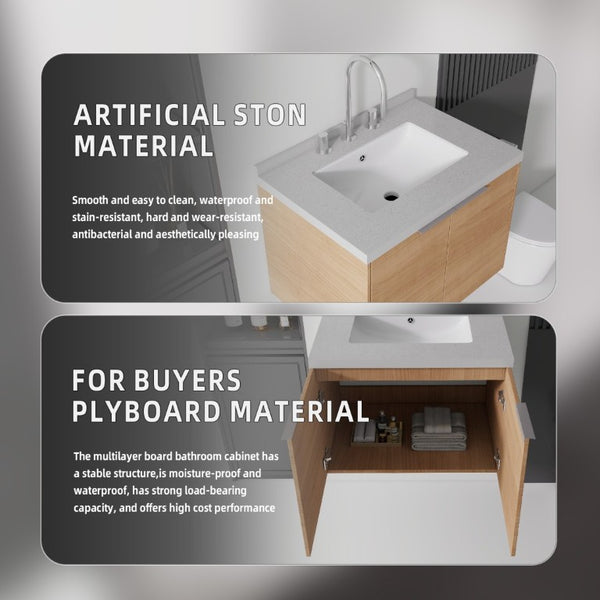 English Elm 24 Inch Floating Bathroom Vanity with Cultured Marble Top Undermount Sink Oak Cabinet B2775S00098