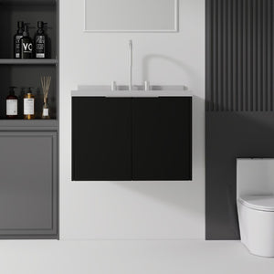 English Elm 24 Inch Floating Bathroom Vanity Matte Black Plywood Cabinet Cultured Marble Top B2775S00100