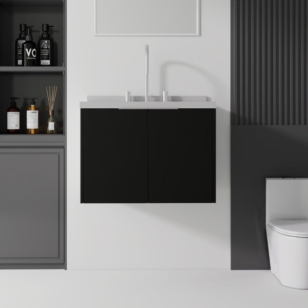 English Elm 24 Inch Floating Bathroom Vanity Matte Black Plywood Cabinet Cultured Marble Top B2775S00100