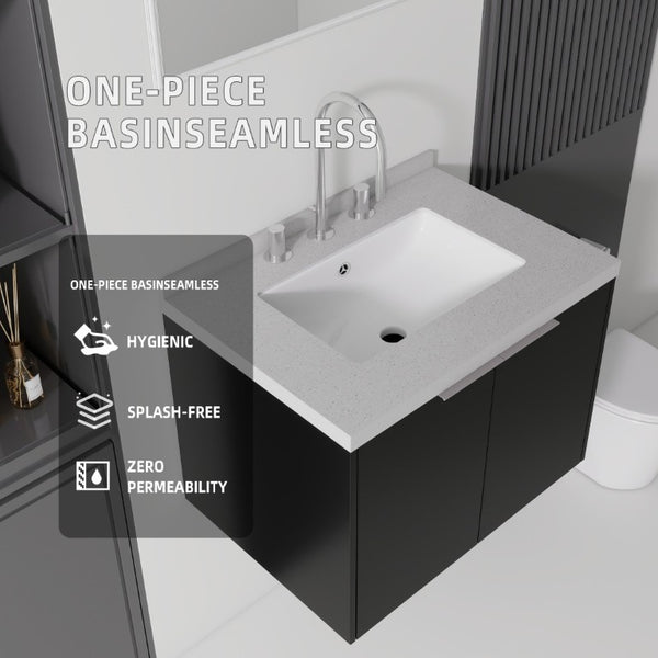 English Elm 24 Inch Floating Bathroom Vanity Matte Black Plywood Cabinet Cultured Marble Top B2775S00100