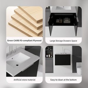 English Elm 24 Inch Floating Bathroom Vanity Matte Black Plywood Cabinet Cultured Marble Top B2775S00100