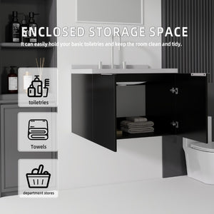 English Elm 24 Inch Floating Bathroom Vanity Matte Black Plywood Cabinet Cultured Marble Top B2775S00100