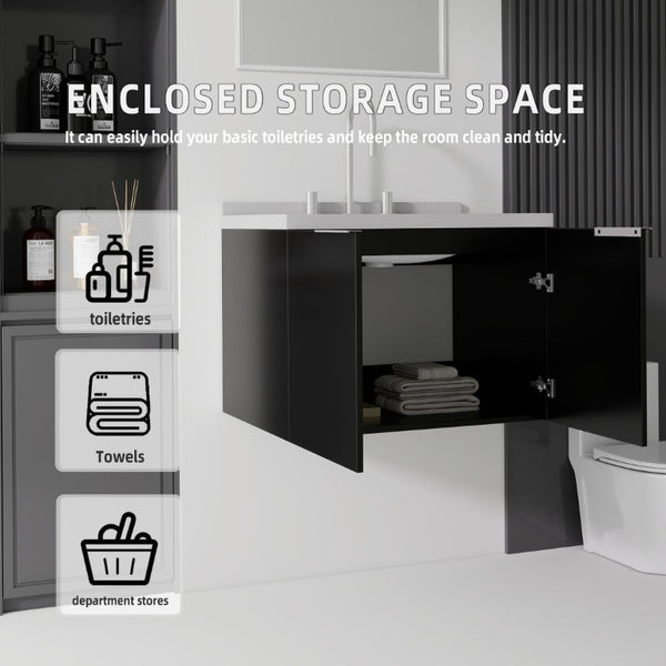 English Elm 24 Inch Floating Bathroom Vanity Matte Black Plywood Cabinet Cultured Marble Top B2775S00100