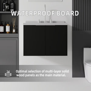 English Elm 24 Inch Floating Bathroom Vanity Matte Black Plywood Cabinet Cultured Marble Top B2775S00100