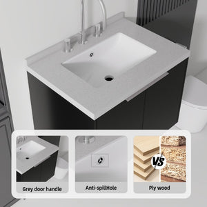 English Elm 24 Inch Floating Bathroom Vanity Matte Black Plywood Cabinet Cultured Marble Top B2775S00100